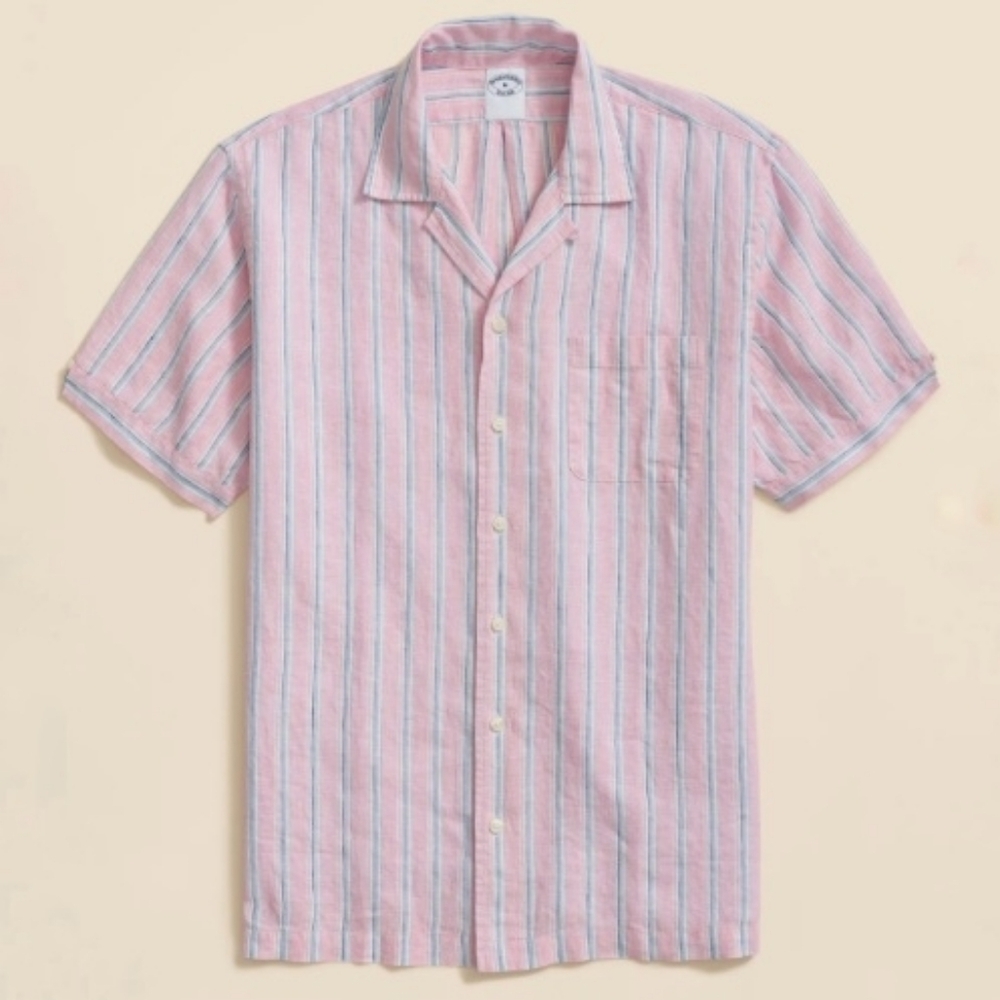 BROOKS BROTHERS Irish Linen Camp Collar, Archive Stripe Short-Sleeve
